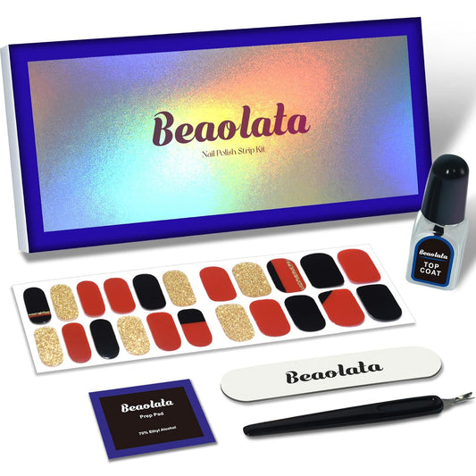 Nail Polish Strips, 44PCS Salon Quality Wraps with Top Coat, Long Lasting Gel Nail Stickers for Women Easy Apply& Remove (Upside Red&Black&Gold)