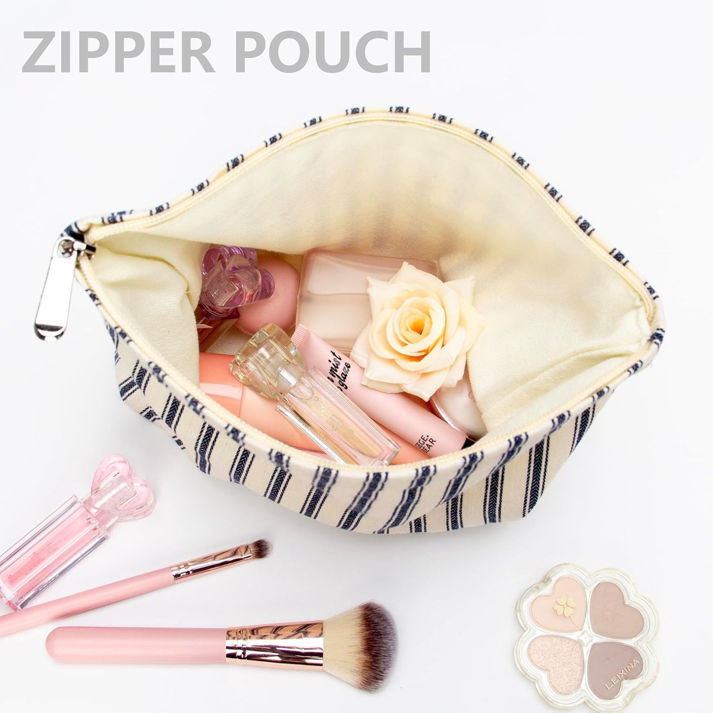 PAZIMIIK Makeup Bag Large Cotton Zipper Pouch for Purse Travel Canvas Make Up Organizer for Women Cosmetic,Vintage Stripe Navy Blue