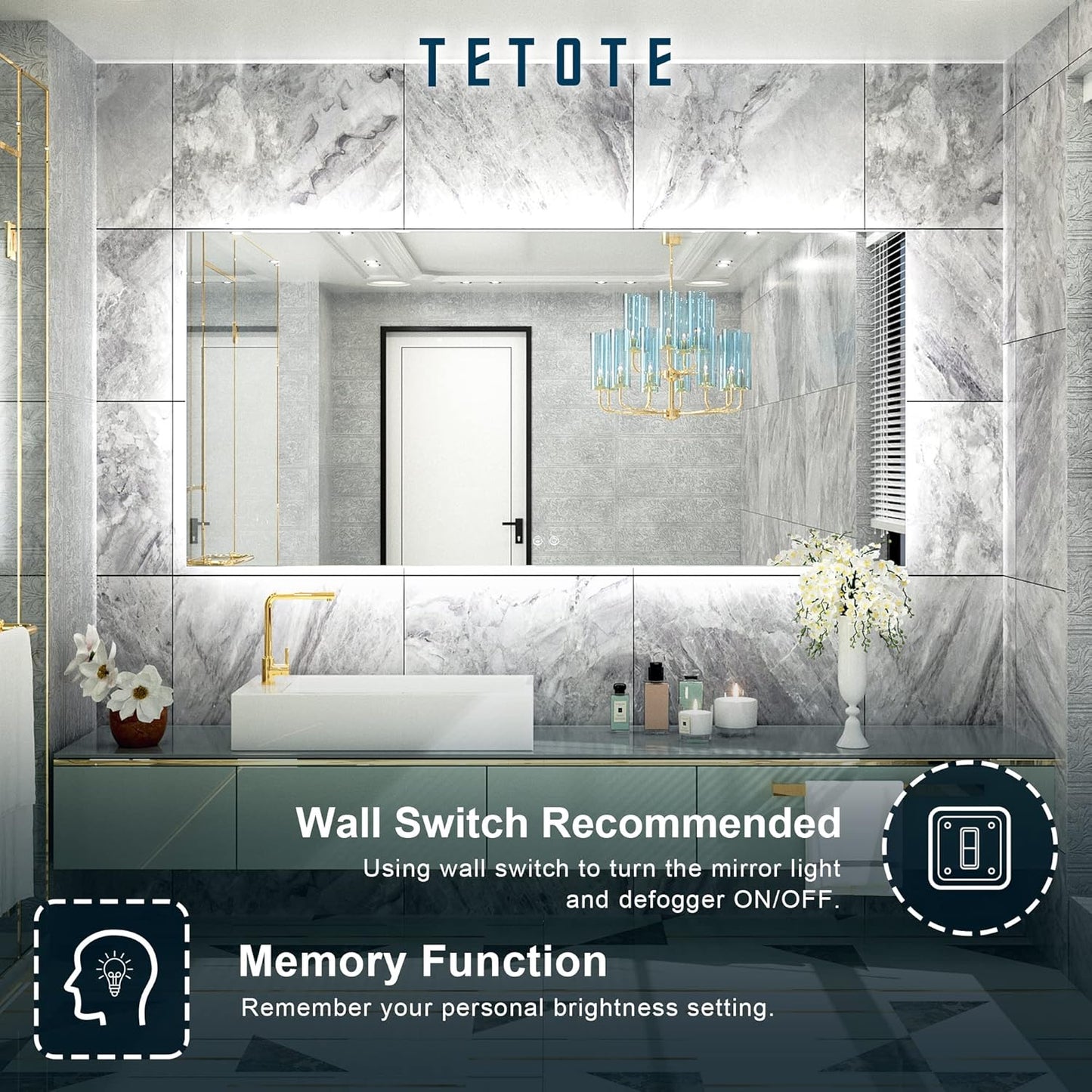 TETOTE 60 x 28 Inch LED Backlit Mirror with Light Bathroom Vanity Lighted Mirror,Anti-Fog,Dimmalbe,CRI90+,Waterproof,Wall Mounted