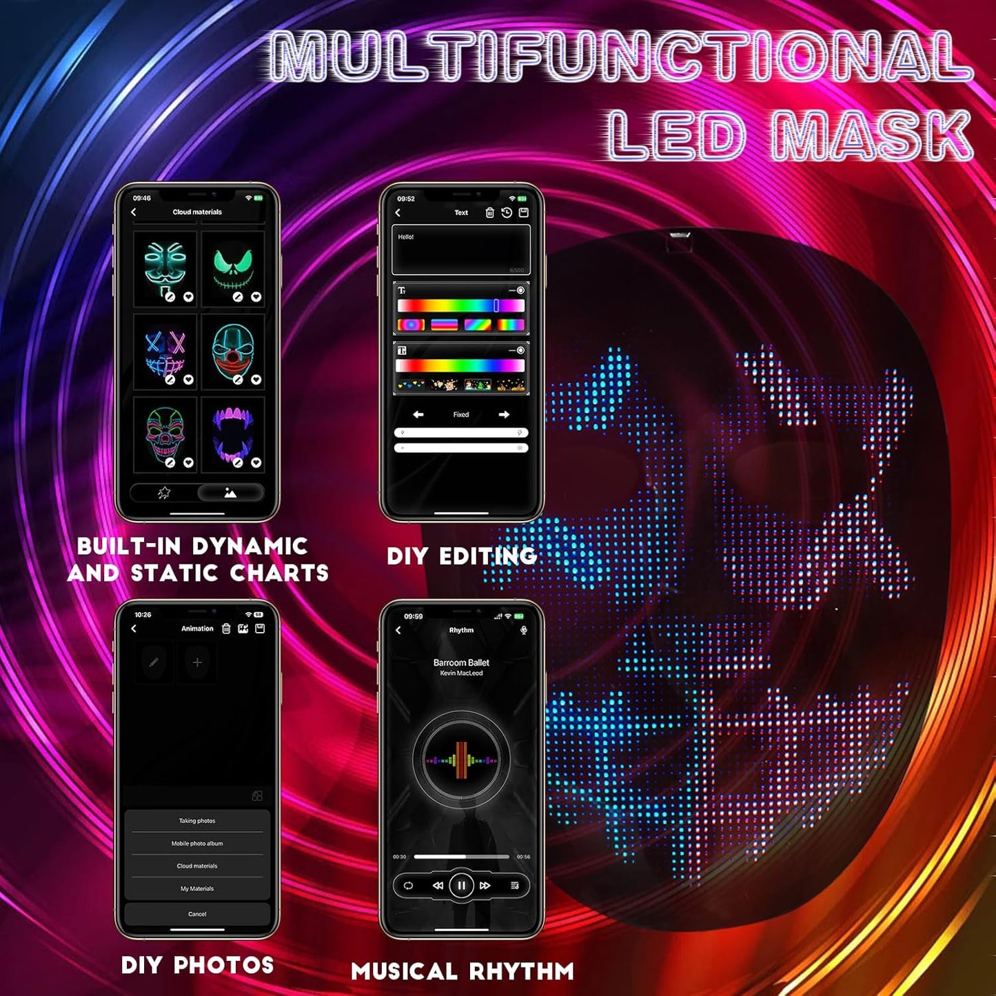 Led Mask with Gesture Sensing,Light up mask for Kids/Men/Women LED Halloween Mask for Costume Cosplay Party