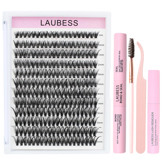 Lash Extension Kit LAUBESS Lash Clusters Kit Cluster Eyelash Extensions Kit Eyelash Clusters Lash Bond and Seal Waterproof Tweezers Brush Lash Glue Remover (Kit 40D-C-Mix8-14)