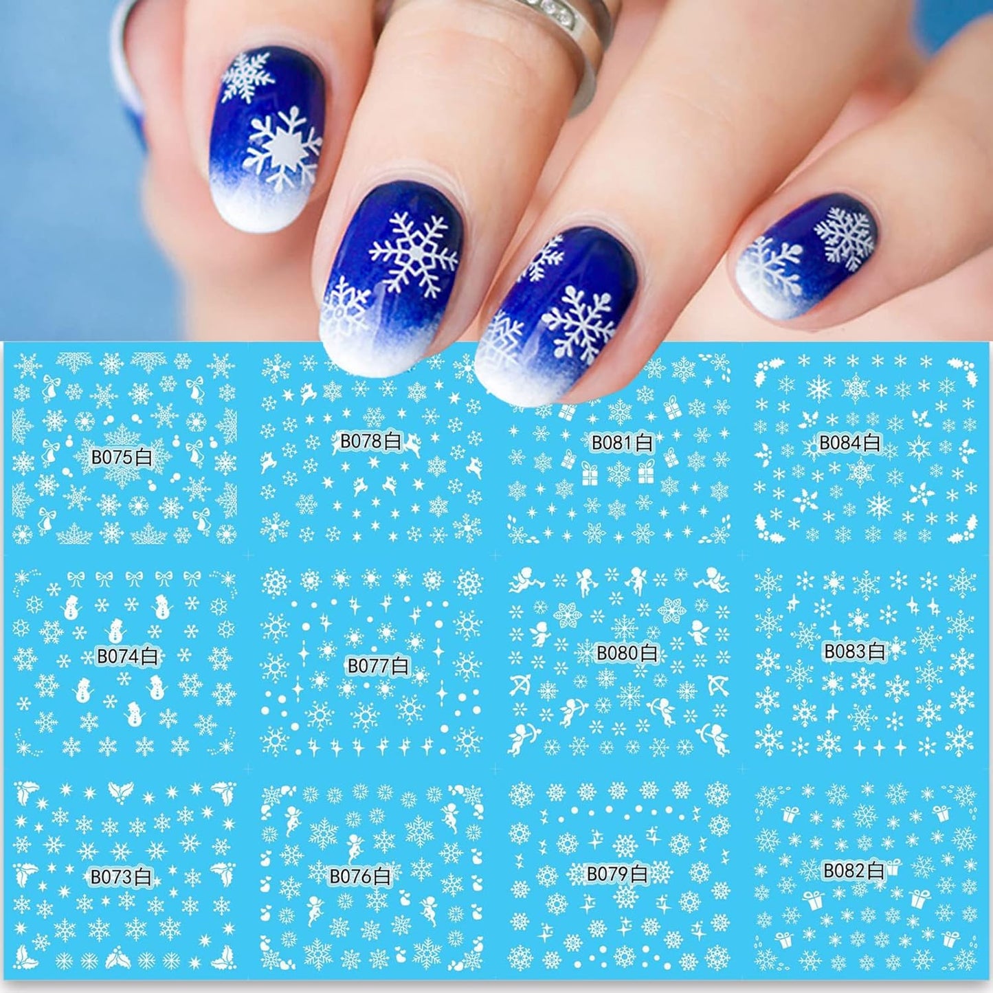 24 Sheets Christmas Nail Stickers Snowflake Nail Art Water Decals Transfer Nail Supplies Snowflake Angel Bell Elk Design Nail Tattoo Stickers for Women Girls Christams Nails Design Art Decoration