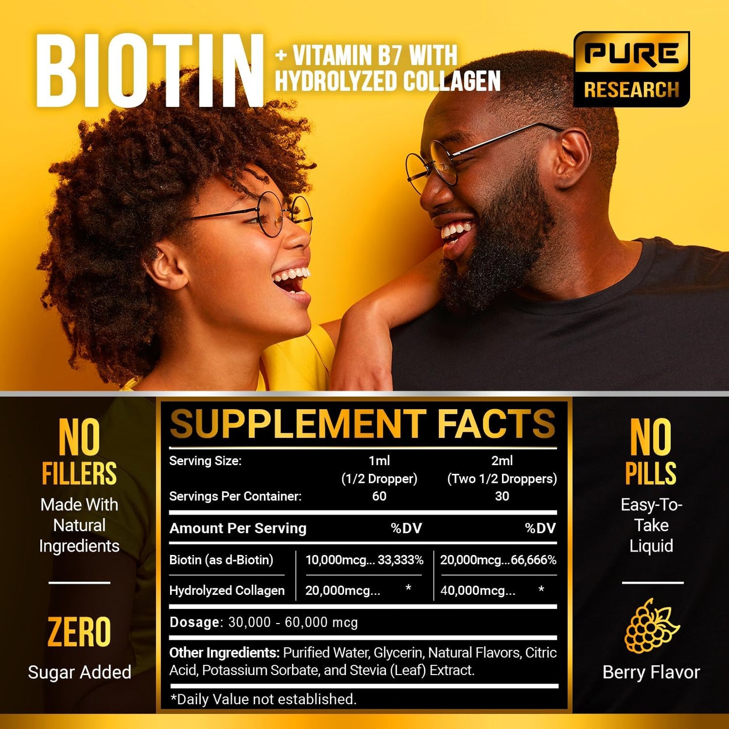 PURE RESEARCH Liquid Biotin & Collagen Hair Growth Drops 60,000mcg - Biotin and Liquid Collagen Supplement for Men & Women - Glowing Skin Support, Healthy Hair & Nail Growth - 2oz