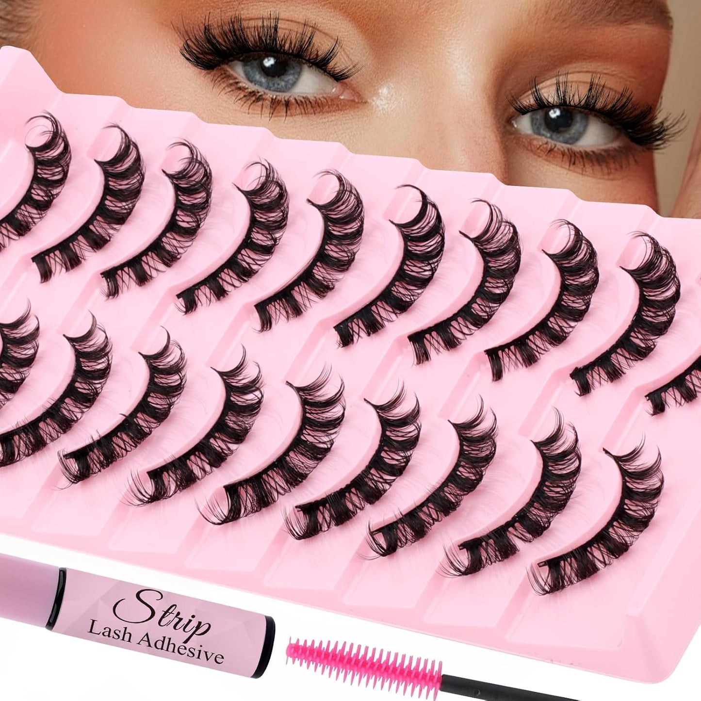 Strip Lash with Glue for DIY Lash-users: 10 Pairs, DIY, Natural Look, Fluffy, Manga, Wispy, Waterproof, Anime, Cat Eye, D Curl, DH06-02