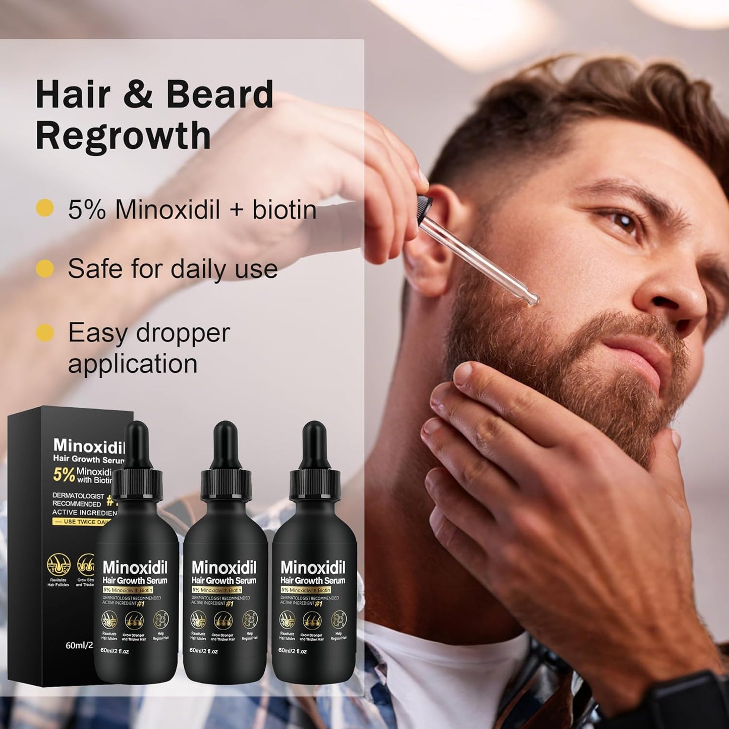 5% Minoxidil for Men and Women Hair Growth Treatment,Topical Minoxidil for Beard Growth, Hair Regrowth Serum for Scalp Hair Loss and Thinning, with Biotin (2 Fl Oz (Pack