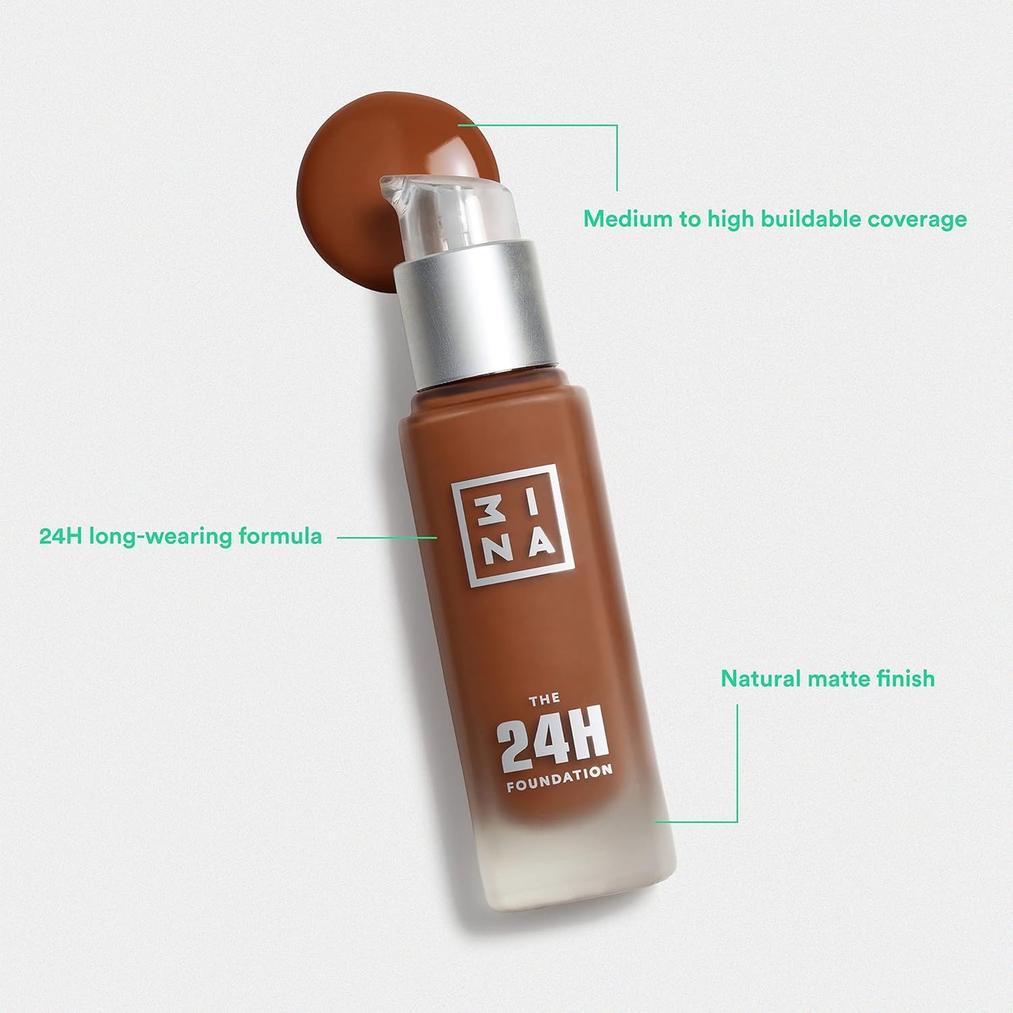 3INA The 24H Foundation 615-24H Long-Wearing Formula - Medium To High Buildable Coverage - Smooth Matte Finish - Expanded Shade Selection - Waterproof, Cruelty Free, Vegan Makeup - 1.01 Oz