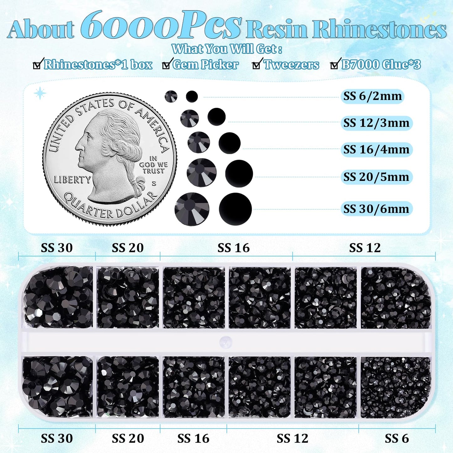 6000Pcs Resin Rhinestones for Bedazzling with 3Pcs B7000 Jewelry Glue, 1 Box Black Flatback Rhinestones for Crafting Crafts DIY, Crystals Gems for Clothing Shoes Tumblers Nail Art Makeup
