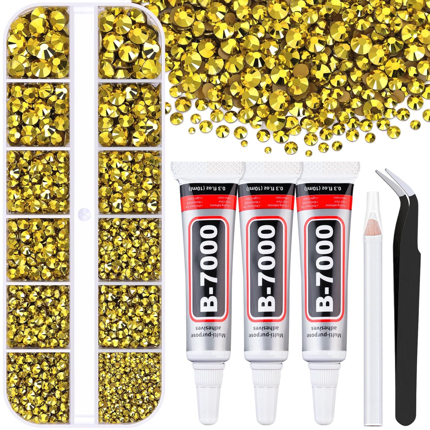 6000Pcs Resin Rhinestones for Bedazzling with 3Pcs B7000 Jewelry Glue, 1 Box Bright Gold Flatback Rhinestones for Crafting Crafts DIY, Crystals Gems for Clothing Shoes Tumblers Nail Art Makeup