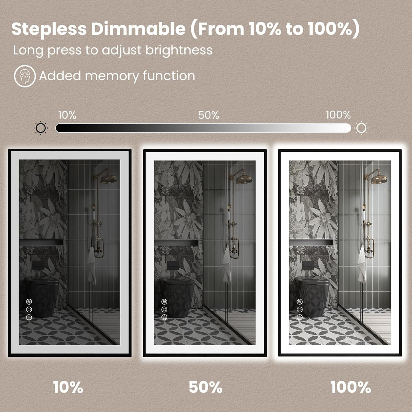 Amorho 48"x 32" LED Bathroom Mirror with Black Frame, Front Light and Backlit(Controlled Separately), Stepless Dimmable, Anti-Fog, Shatter-Proof, 3 Colors, Memory