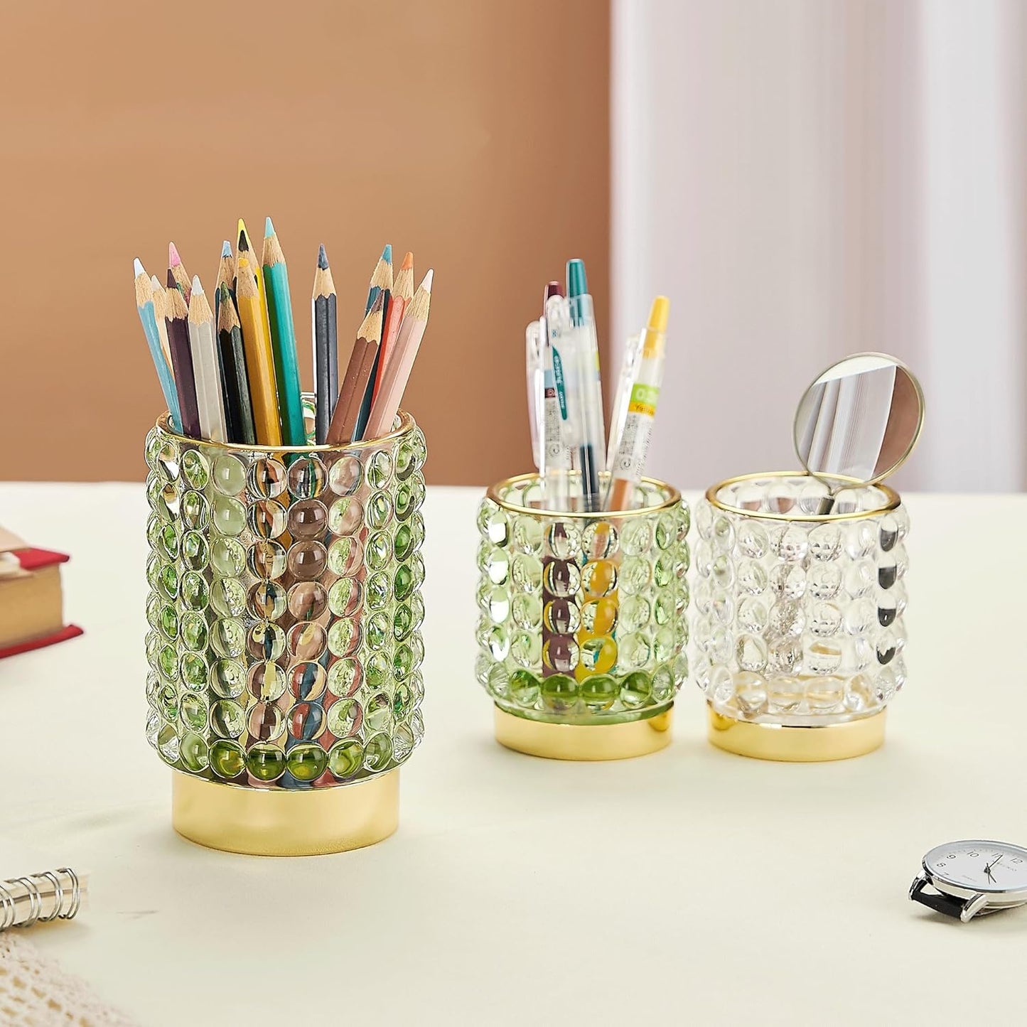 Makeup Brush Holder Organizer,Toothbrush Holders,Desk Pen Pencil Holder,Multifunctional Vintage Glass Brush Cup(A38-4-US/Clear/S)