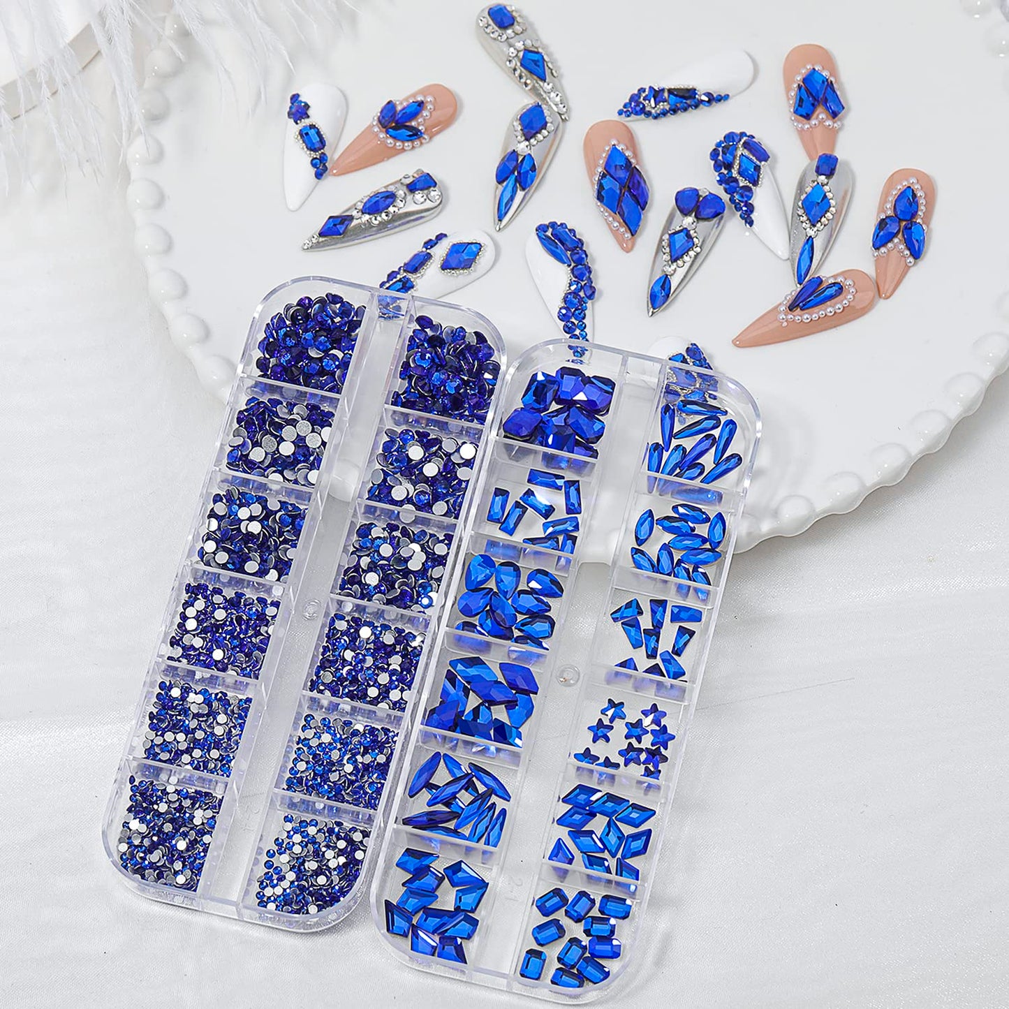 HNUIX Nail Rhinestones - 3D Multi Shape Size, Blue Nail Gems, Flat Back, with Kit, for Nail Art, DIY Decorations