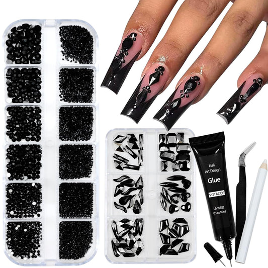 Nail Art Rhinestones with Glue Gel Flatback Nail Charms Luxurious Supplies Accessories Champagne Nails Gems Jewelry for Women Nails DIY Design Decoration,Black