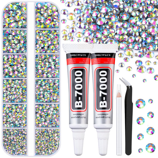 6100Pcs Jelly Resin Rhinestones for Crafting with 2Pcs 10ml B7000 Jewelry Glue, 1 Box Flatback Crystals Diamond (Clear AB) for Bedazzling Crafts DIY Nail Art Non Hotfix Gems for Clothing Shoes