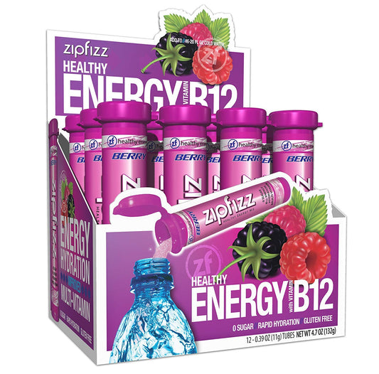 Zipfizz Daily Energy Drink Powder, Berry, 12 Pack | 3-in-1 Sustained Energy, Rapid Hydration, and Essential Vitamins | Sugar-Free | Electrolyte Powder | Contains Vitamin B-12 & Antioxidants