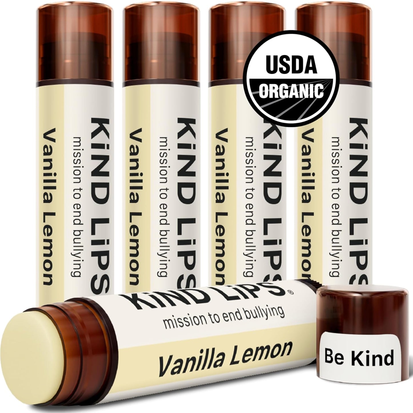 Kind Lips Vanilla Lemon Lip Balm 5-Pack - USDA Organic, Natural Chapstick Alternative for Dry Lips | Gluten-Free, Cruelty-Free