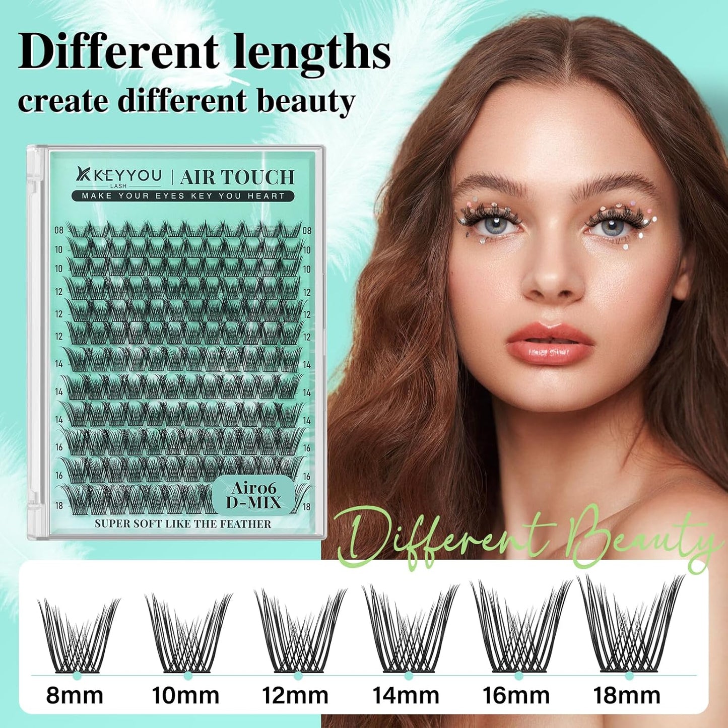 KEYYOU Lash Extension Kit 144pcs Air Touch Lash Clusters with Bond and Seal Lash Applicator Remover D Curl DIY Eyelash Extension Kit Easy to Apply at Home(Air06Kit-D-8-18Mix)