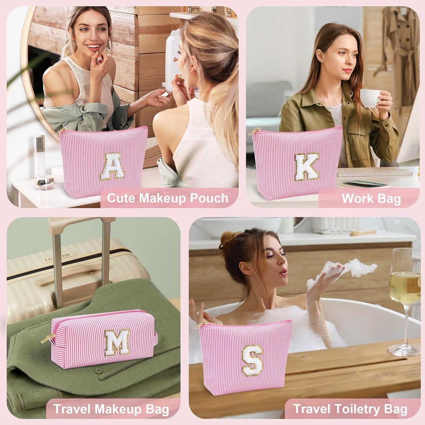 YOOLIFE Travel Makeup Bag Cosmetic Bag - Make Up Bag with Makeup Brush Bag Monogram Makeup Pouch Bag 2 Pieces Cute Makeup Bag Personalized Gifts Best Friend Birthday Gifts for Women Pink Letter Y