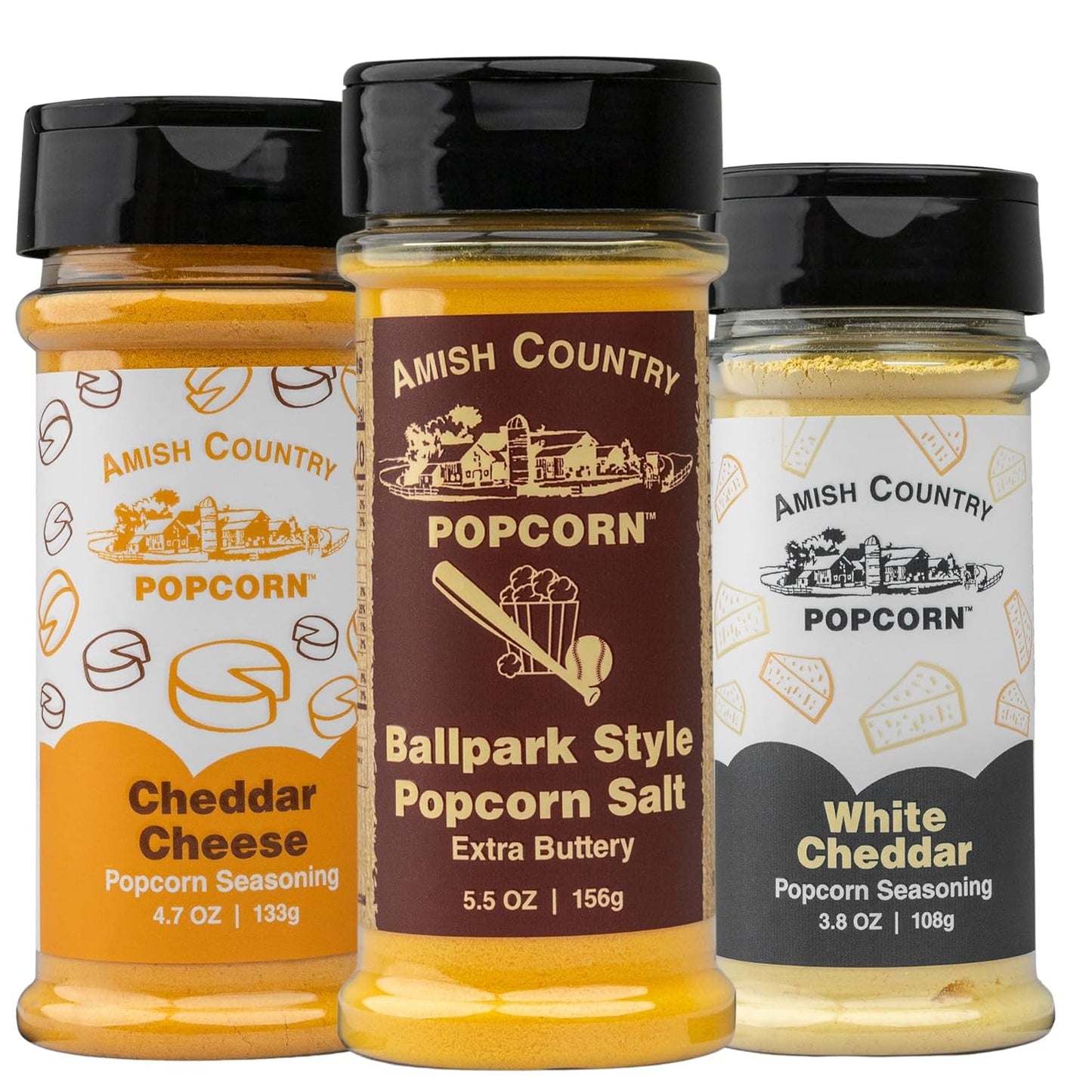 Amish Country Popcorn | BallPark Style Buttersalt - 5.5 oz, Cheddar Cheese - 4.7 oz & White Cheddar Cheese - 3.8 oz Popcorn Seasoning | Old Fashioned, Non-GMO and Gluten Free