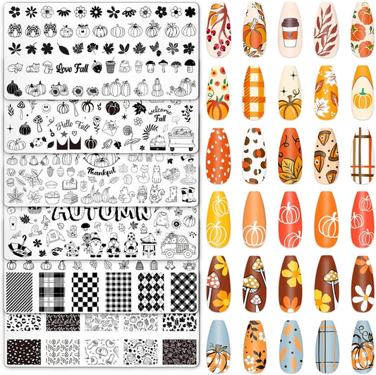 Whaline 6Pcs Fall Nail Plates Stamping Set Pumpkin Leaves Stamp Templates Nail Art Plates for Autumn Harvest Thanksgiving DIY Print Manicure Salon Design