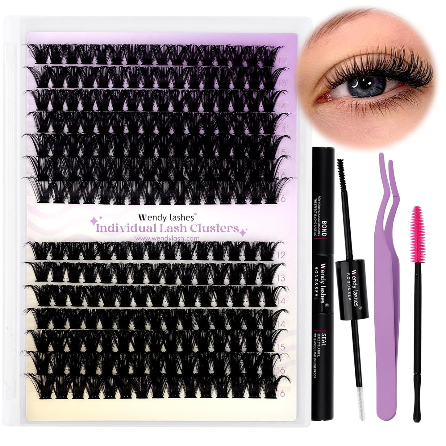 Lash Clusters Kit for Using at Home: Ultra-light, DIY, Natural, Fluffy, Wispy, Waterproof, Anime, Manga, Cat Eye, D Curl, 12-16mm, 80P+100P, Wendy, RT318