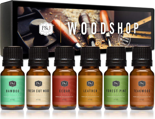 P&J Trading Fragrance Oil Woodshop Set | Forest Pine, Fresh Cut Wood, Leather, Teakwood, Bamboo, and Cedar Candle Scents for Candle Making, Freshie Scent, Soap Making Supplies, Diffuser Oil Scents
