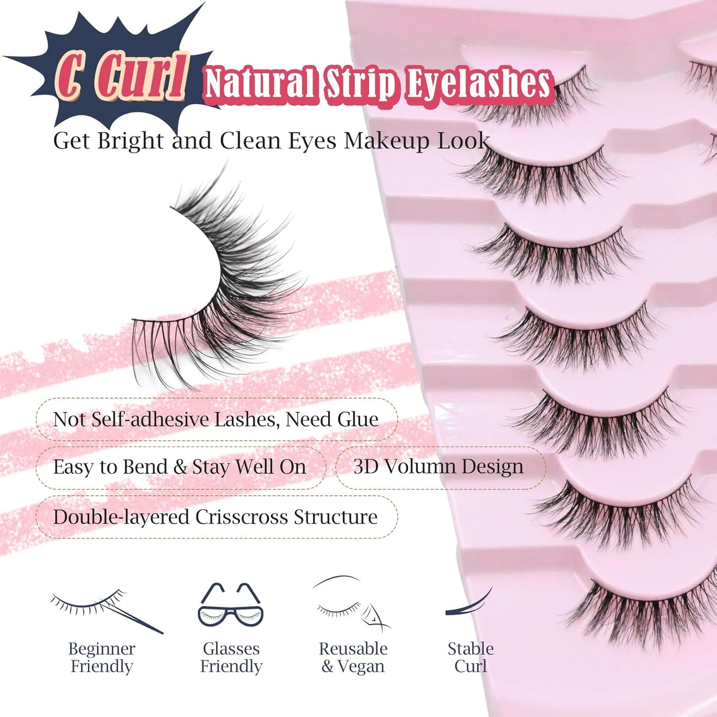 Eyelashes Natural Cat Eye Lashes 13mm Wispy Lashes False Eye Lashes with Thin Cotton Band C Curl Fake Eyelashes 3D Volume Lash Pack 7 Pair Siligli