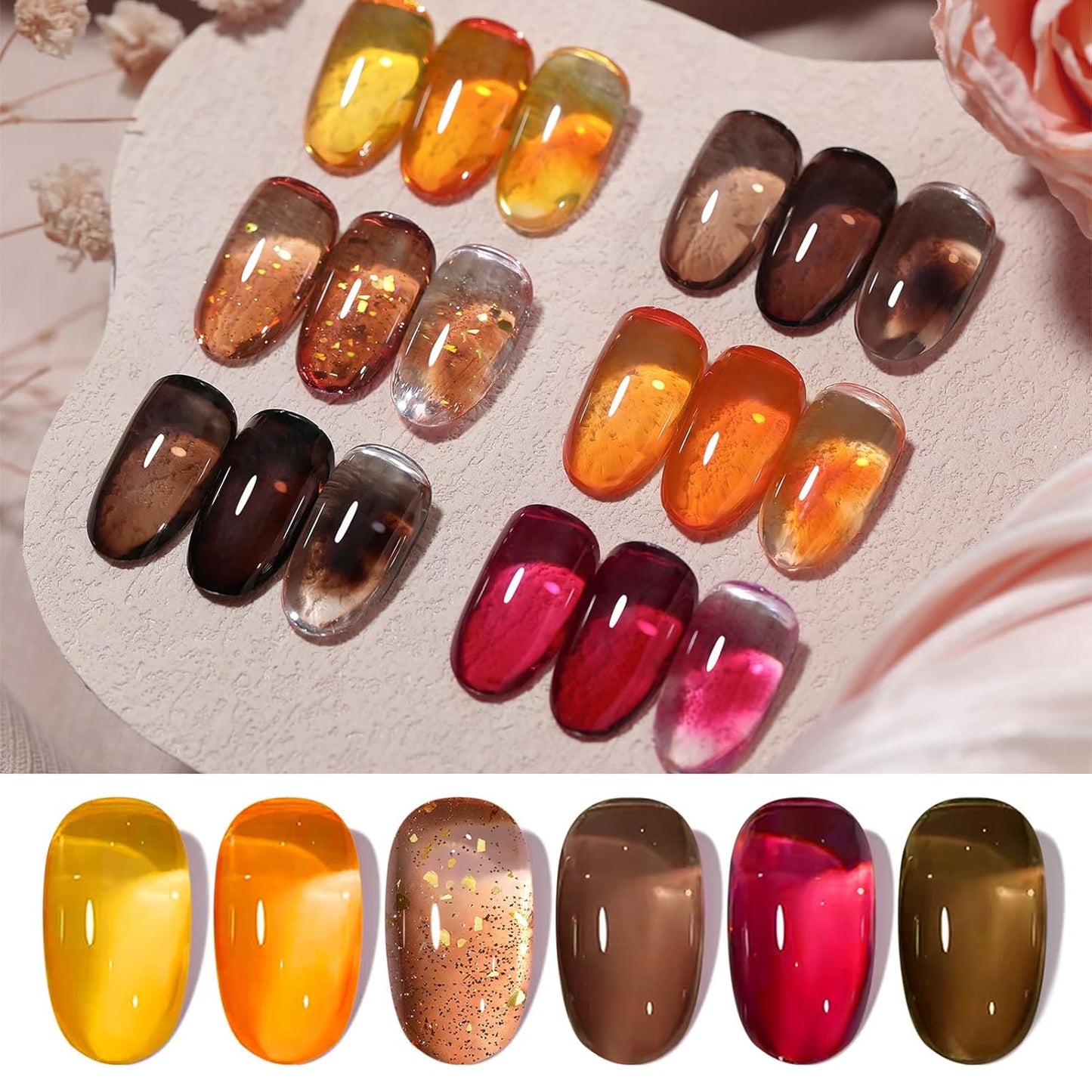 Born Pretty Jelly Gel Nail Polish 6 Colors Fall Winter Translucent Clear Pumpkin Burgundy Wine Red Coral Burnt Orange Grey Amber Brown Gel Polish Sheer Crystal Transparent Halloween Gel Polish Set