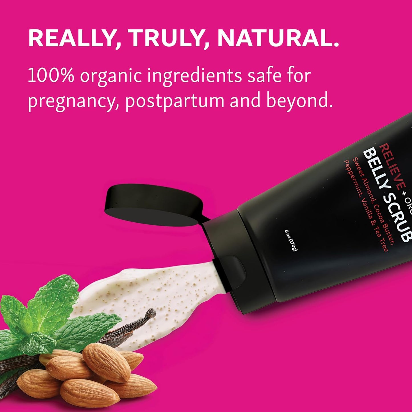 Exfoliating Belly Scrub, 6 oz, Moisturizing Body Exfoliant with Sweet Almond Oil and Cocoa Butter, Organic, Sugar Scrub, Natural Vegan Skin Care