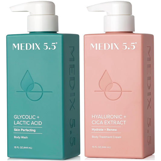 Medix 5.5 Exfoliating AHA Glycolic Acid Face & Body Scrub Cleanser + Hyaluronic Acid Moisturizing Body Cream Lotion Skin Care 2PC Set | Alpha Hydroxy Acid & Lactic Acid Foaming Body Wash & Face Wash