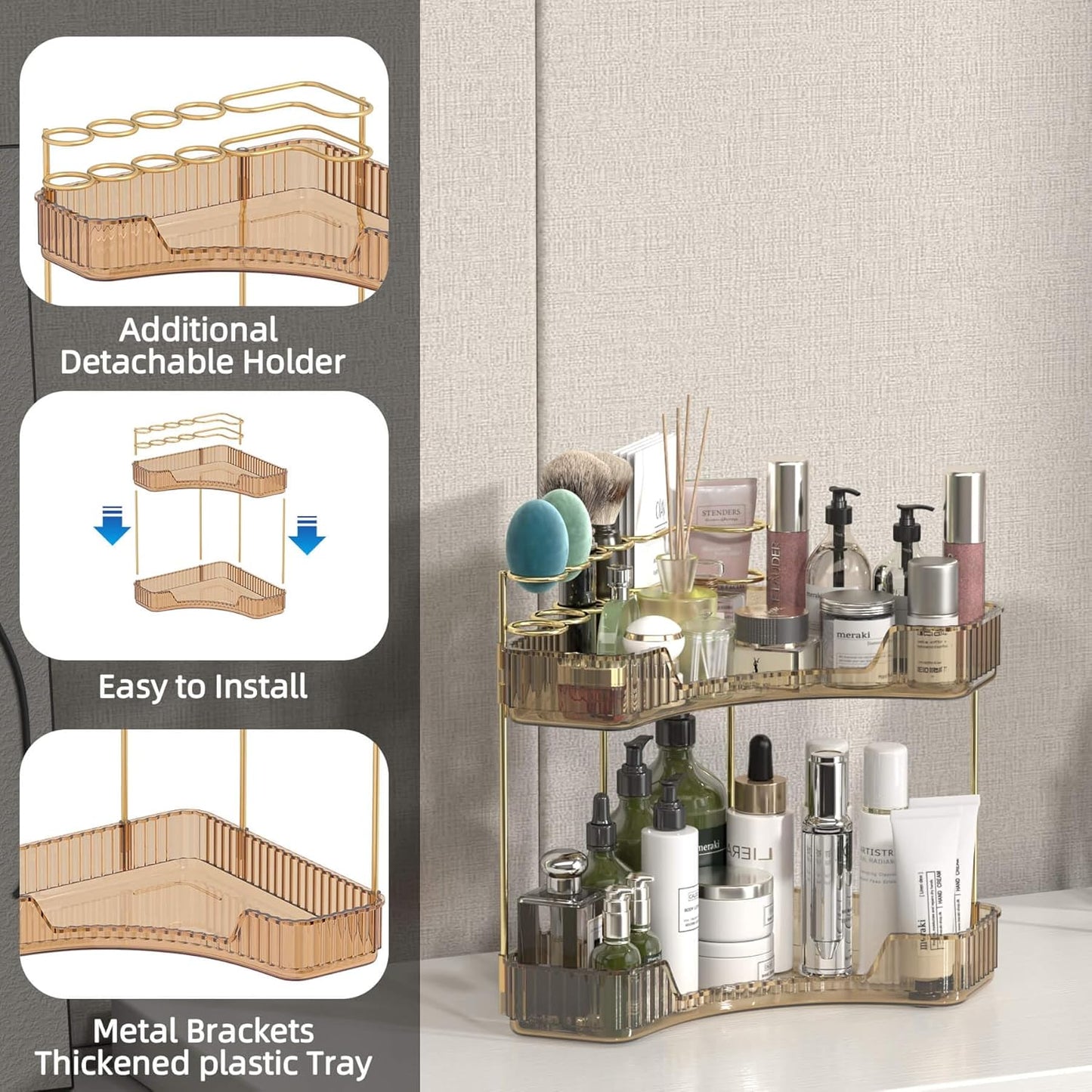 Corner Bathroom Counter Organizer with Top Toothbrush Holders, 2-Tier Make Up Organizers for Vanity with Brush Holder, Corner Storage for Bathroom, Kitchen, Dresser
