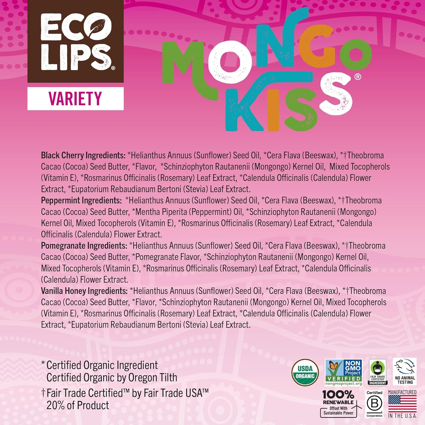 Eco Lips Mongo Kiss Organic Lip Balm 4 Pack Peppermint, Pomegranate, Vanilla Honey, Black Cherry - 100 Percent USDA Organic - Soothe, Moisturize Dry, Cracked and Chapped Lips - Made in USA