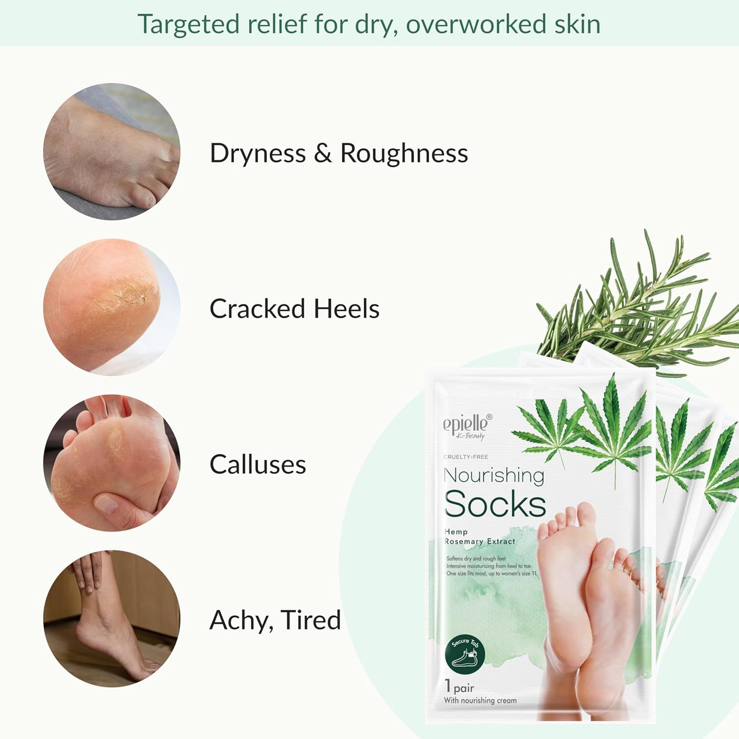 Epielle Nourishing Foot Masks 6 Pairs, Deep Moisturizing Socks for Dry Feet & Cracked Heels, Repair and Nourish with Hemp & Rosemary Extract, Foot Spa & Self Care Gifts for Women, Korean Skin Care