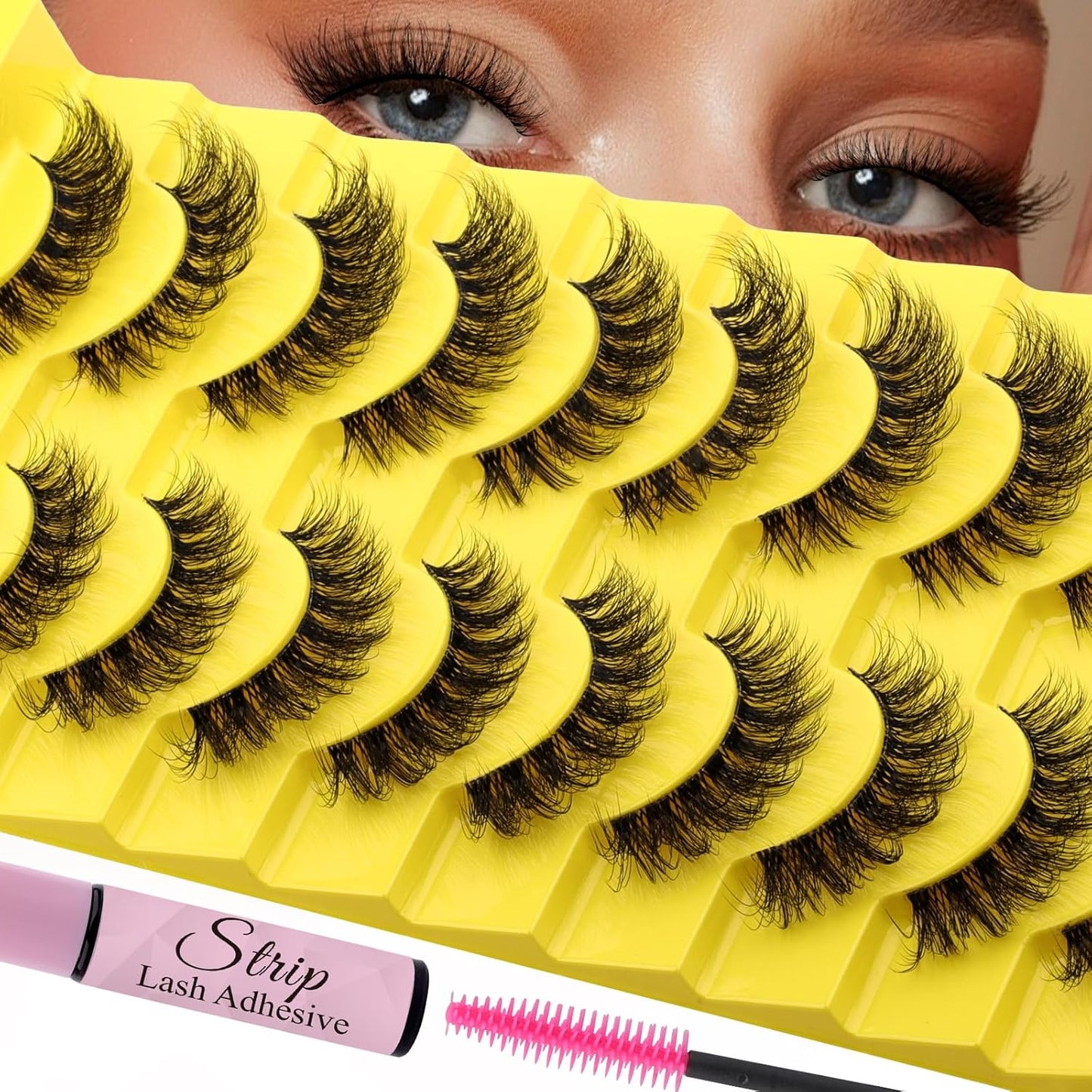 Strip Lash with Glue for DIY Lash-users: 10 Pairs, DIY, Natural Look, Fluffy, Manga, Wispy, Waterproof, Anime, Cat Eye, D Curl, LZ-201