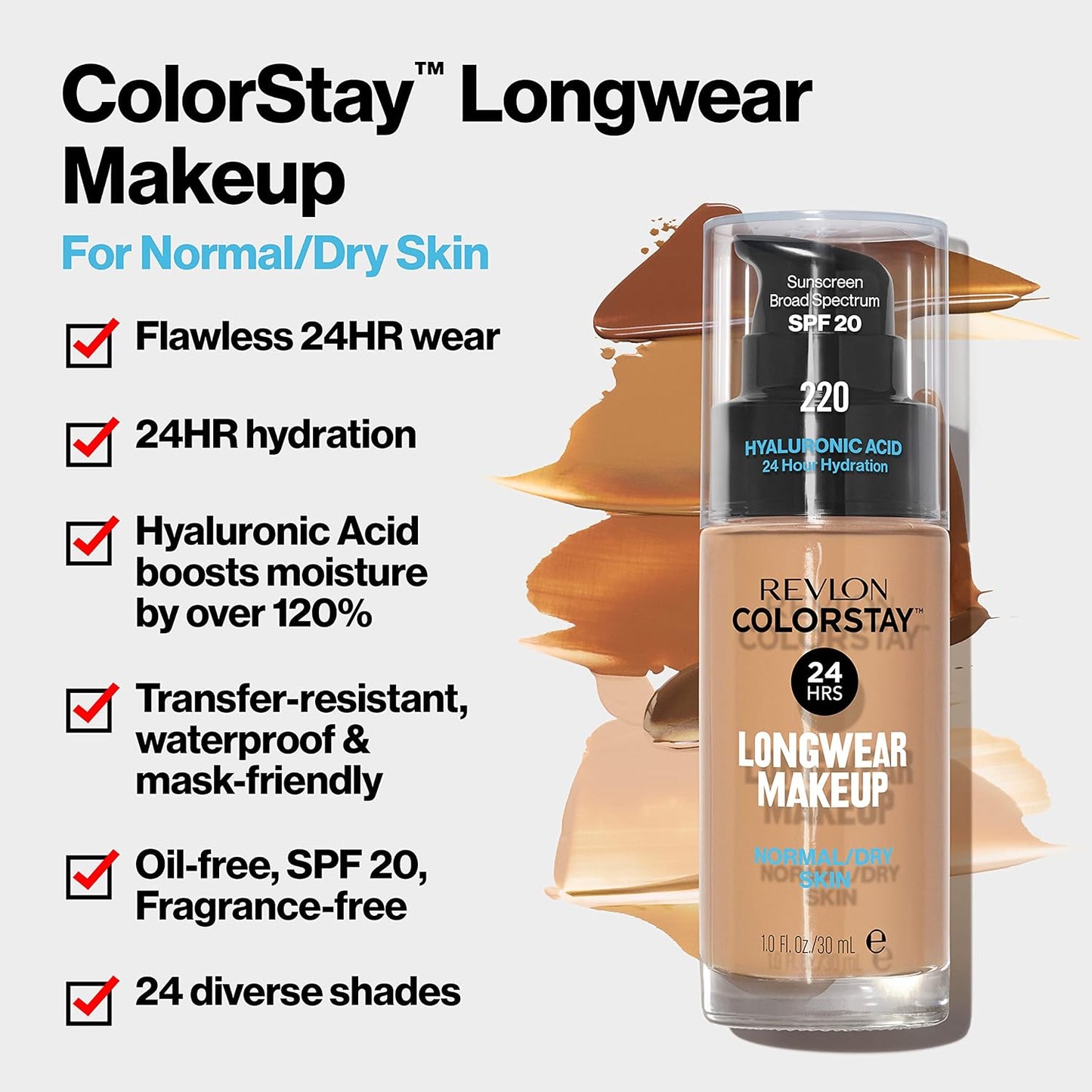 Revlon Liquid Foundation, ColorStay Face Makeup for Normal & Dry Skin, SPF 20, Longwear Medium-Full Coverage with Natural Finish, Oil Free, 110 Ivory, 1 Fl Oz