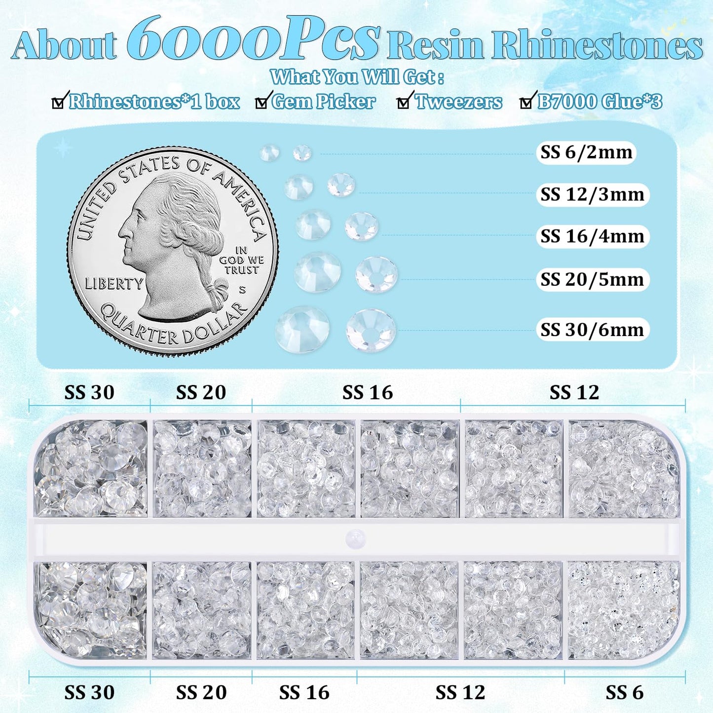 6000Pcs Resin Rhinestones for Bedazzling with 3Pcs B7000 Jewelry Glue, 1 Box Transparent Flatback Rhinestones for Crafting Crafts DIY, Crystals Gems for Clothing Shoes Tumblers Nail Art Makeup