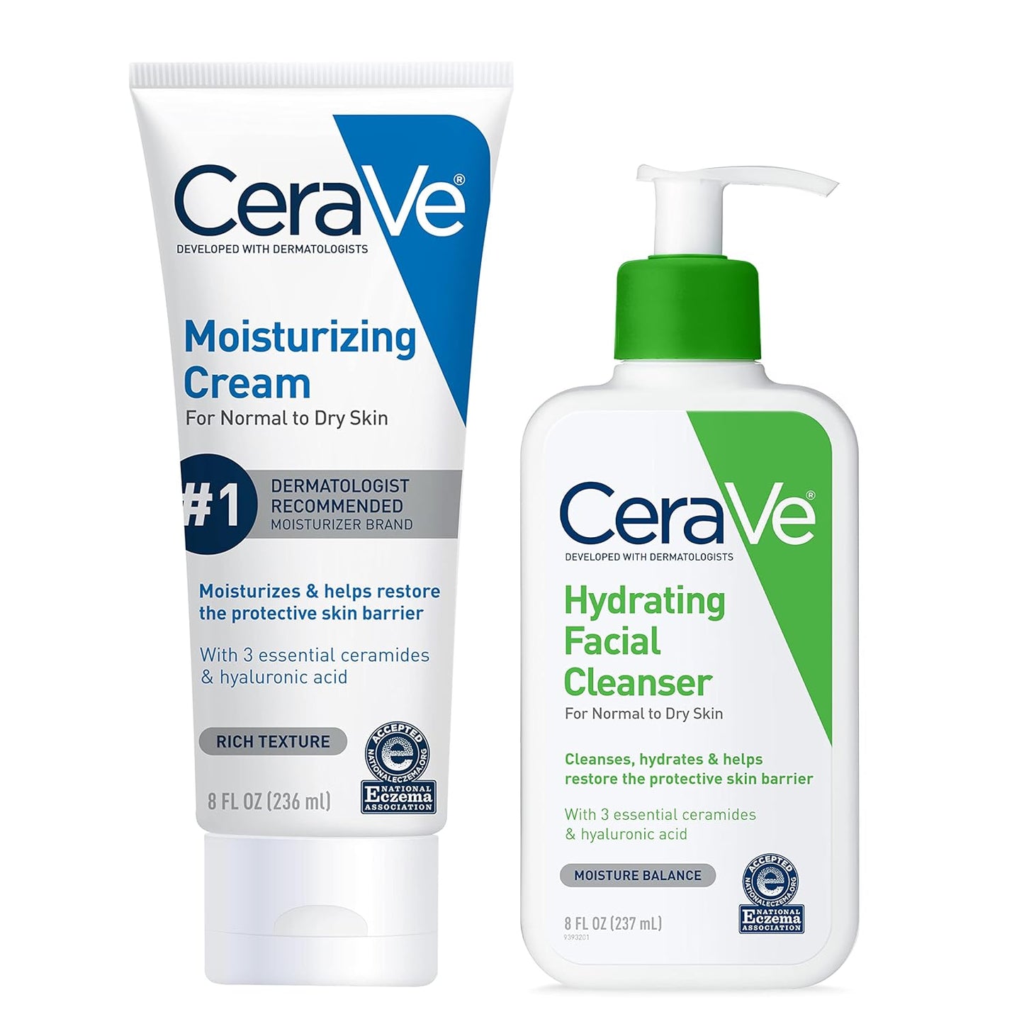 CeraVe Hydrating Skin Care Set, 8oz Moisturizing Cream & 8oz Hydrating Facial Cleanser, Ceramides + Hyaluronic Acid Moisturizer and Face Wash, Accepted by National Eczema Association