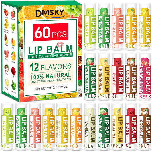 DMSKY Natural Lip Balm Bulk 60 Pack, Moisturizing Lip Balm with Vitamin E and Coconut Oil, Lip Care Product for Chapped Lips-12 Flavors