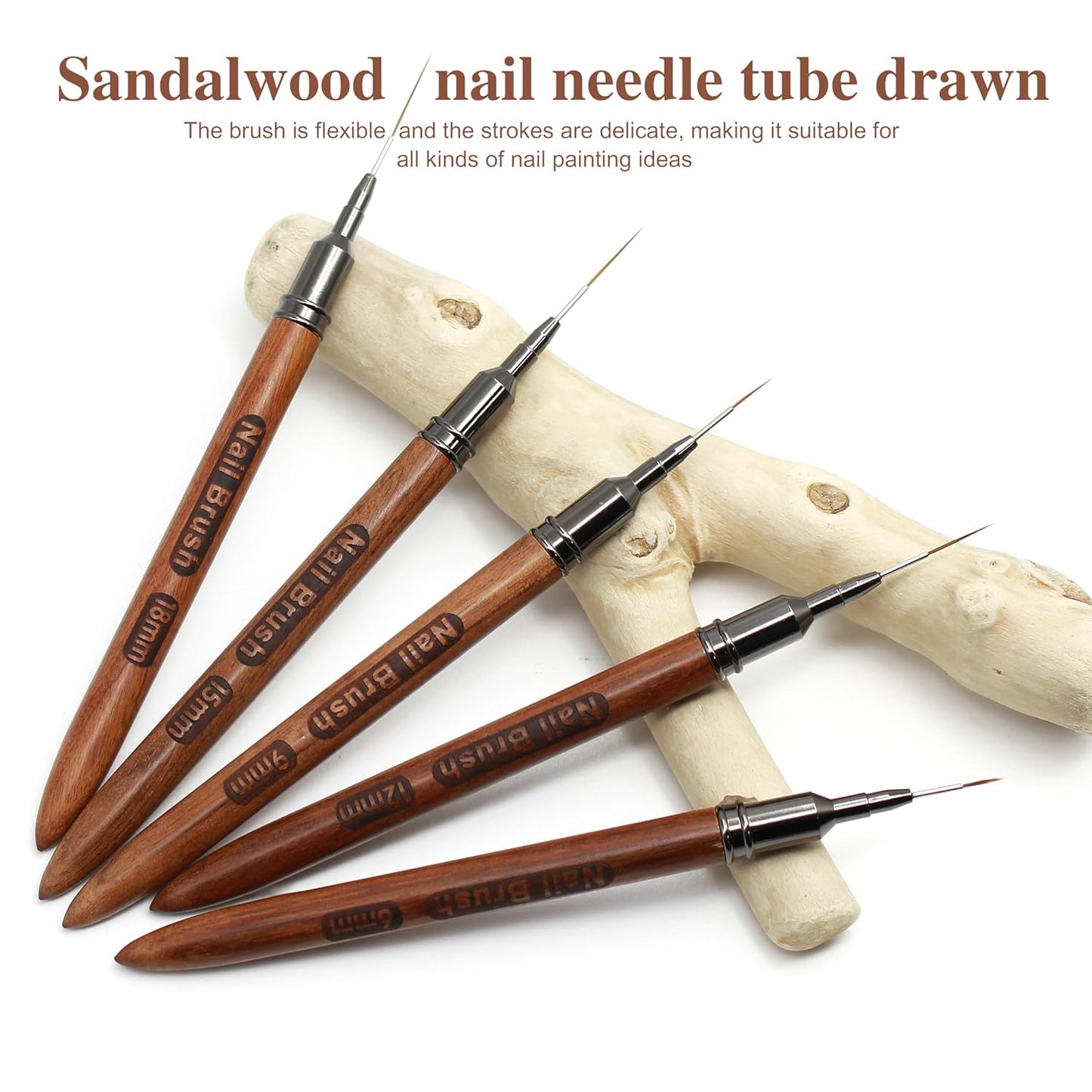Nail Art Brushes, 5Pcs Wooden Nail Art Liner Brushes,Natural color,Painting Art Design Brush Set Nail Dotting Drawing Tool For Long Lines, Thin Details, Fine Drawing Sizes 6/9/12/15/18mm