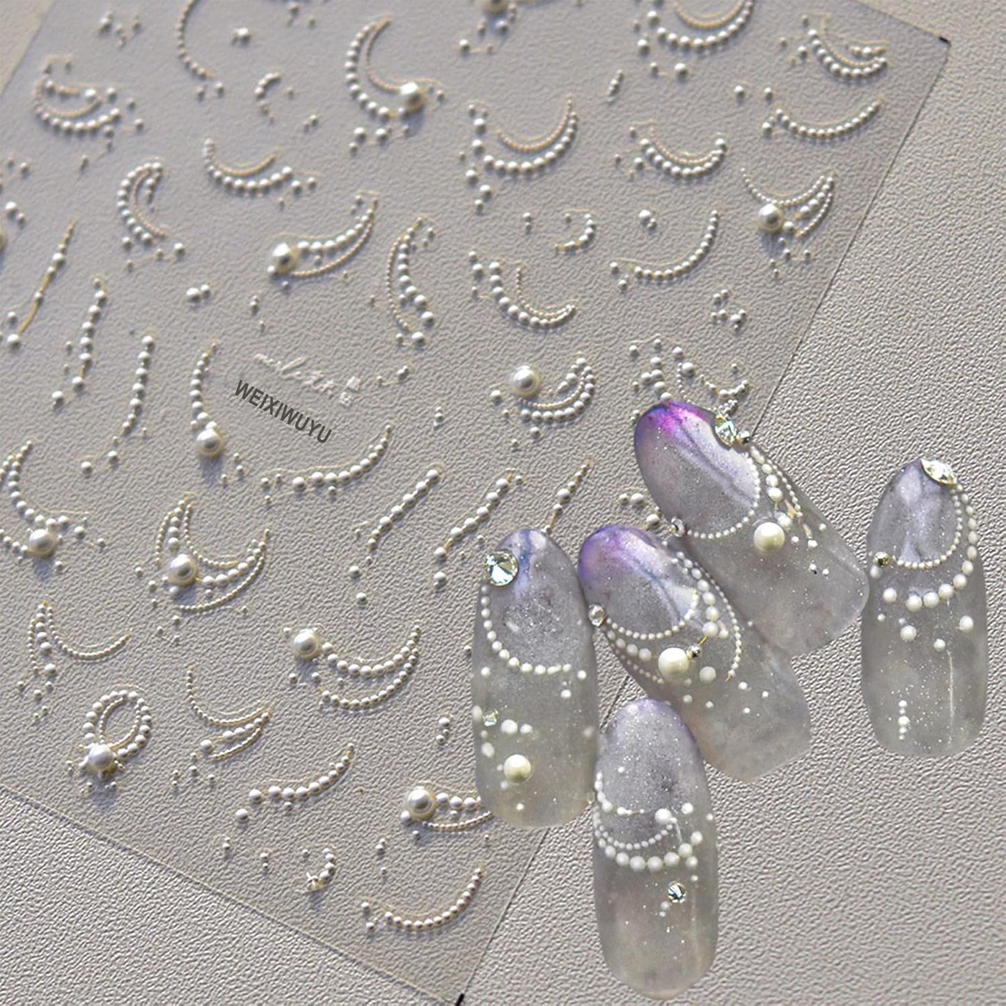 White French Tips Pearls Nail Art Stickers 5D Embossed Romantic Nail Stickers Line Nail Decals Design Nail Accessories for Women Valentine's Day Nail Art Decoration