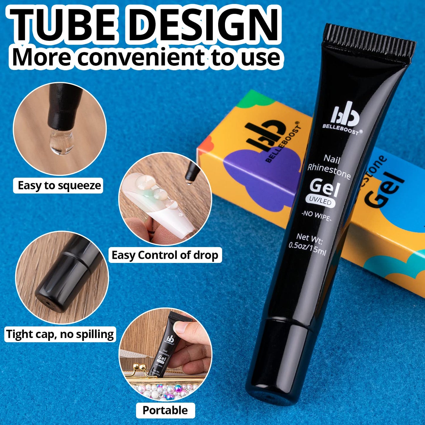 Nail Art Rhinestone Glue Gel&2 Boxes Flatback Gems Kit, 1 Tube of 15ml Rhinestone Gel Glue(UV/LED Needed)+Colorful Gems+Flat-Back Round Glass Crystal AB Gemstones with Pickup Tools