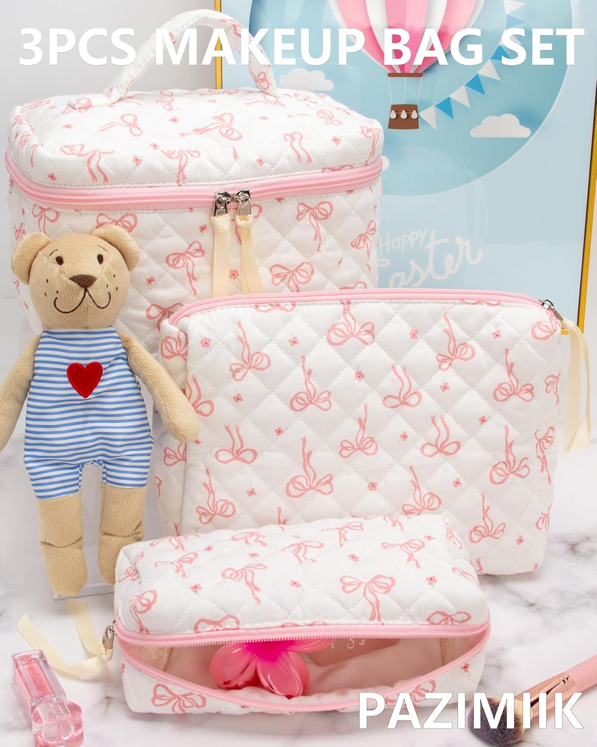 3PCS Makeup Bag SET Large Travel Quilted Zipper Soft Cosmetic Case Pouch for Women Girls Make Up,Bow Pink