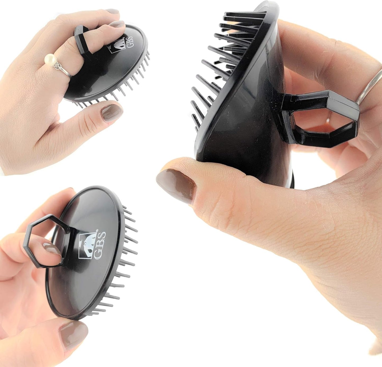 G.B.S Head Shampoo Scalp Massager Brush and Soft Palm Pocket Comb for All Hair Types, Pack of 3 (1 Black and 2 Gray) Made in U.S.A