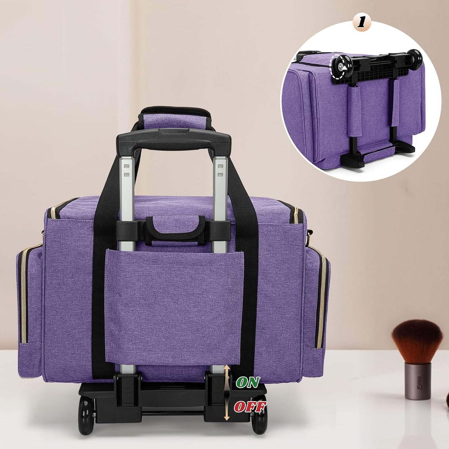 LUXJA Rolling Makeup Case with 3 Removable Pouches and 1 Makeup Brush Bag, Large Makeup Bag Cosmetic Bag with Detachable Dolly (Patented), Purple