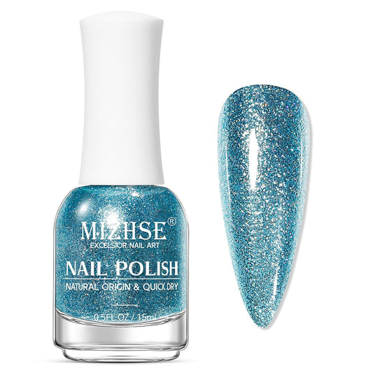 MIZHSE Quick Dry Glitter Blue Nail Polish, Fast Drying Nail Polish, 15ml High Glossy Sparkly Shiny Shimmer Nail Lacquer Nail Art Salon Manicure Home