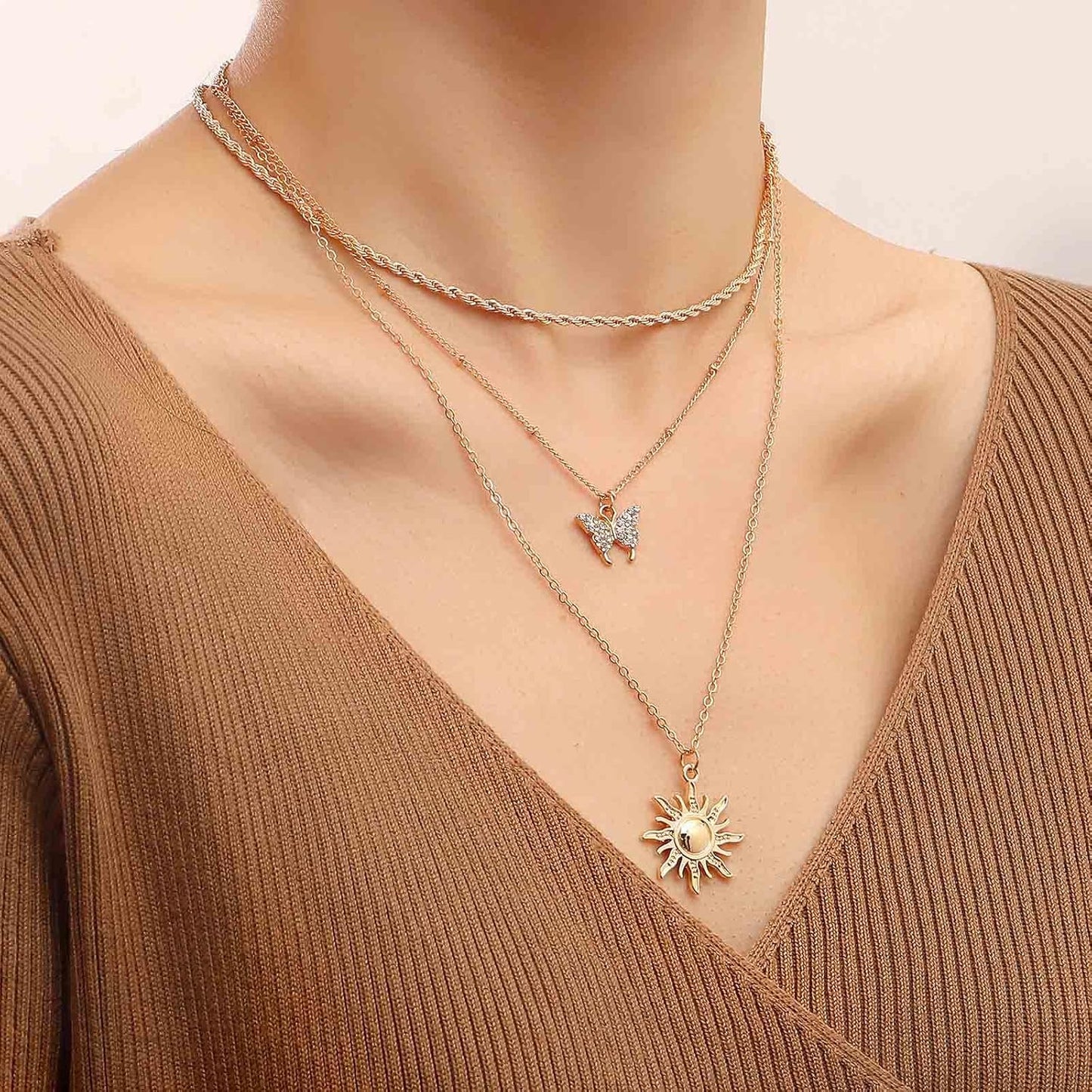 Bohemia Layered Sun Necklace Choker Crystal Butterfly Pendant Necklace Gold Rope Chain Necklace Vintage Sunflower Necklace Jewelry for Women and Girls