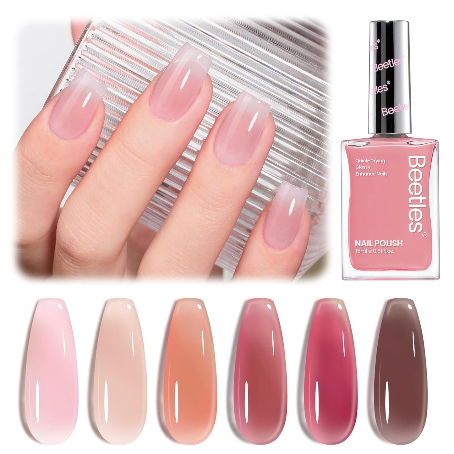 Beetles Jelly Nail Polish Set, 6 Colors Sheer Pink Nail Polish Long Lasting & Quick Dry Clear Jelly for Women, Pink Nail Strengthener Polish for Salon DIY Manicure Set