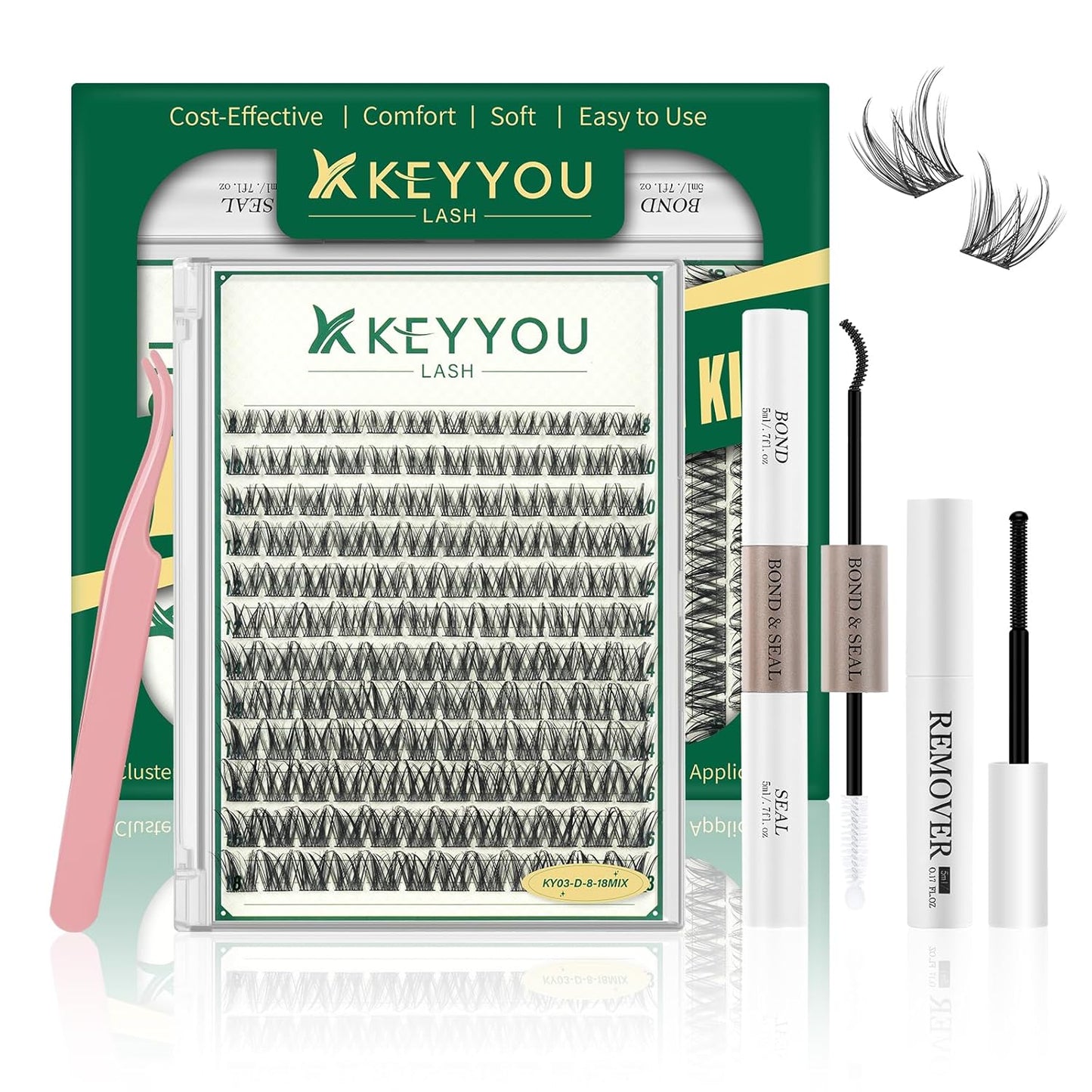 KEYYOULASH DIY Lash Extension Kit 144pcs 8-18MIX Lash Clusters Eyelash Extension Kit with Lash Bond and Seal,Remover,Applicators for DIY Lash Extensions at Home (KY03 Kit)