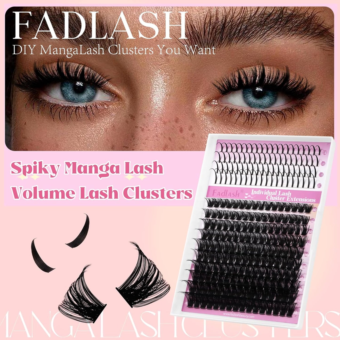 Lash Clusters 100D Eyelash Clusters 10-18mm Spikes 14-20mm Thick Volum Manga Lashes with D Curl DIY Fairy Lash Clusters with Spikes by FADLASH