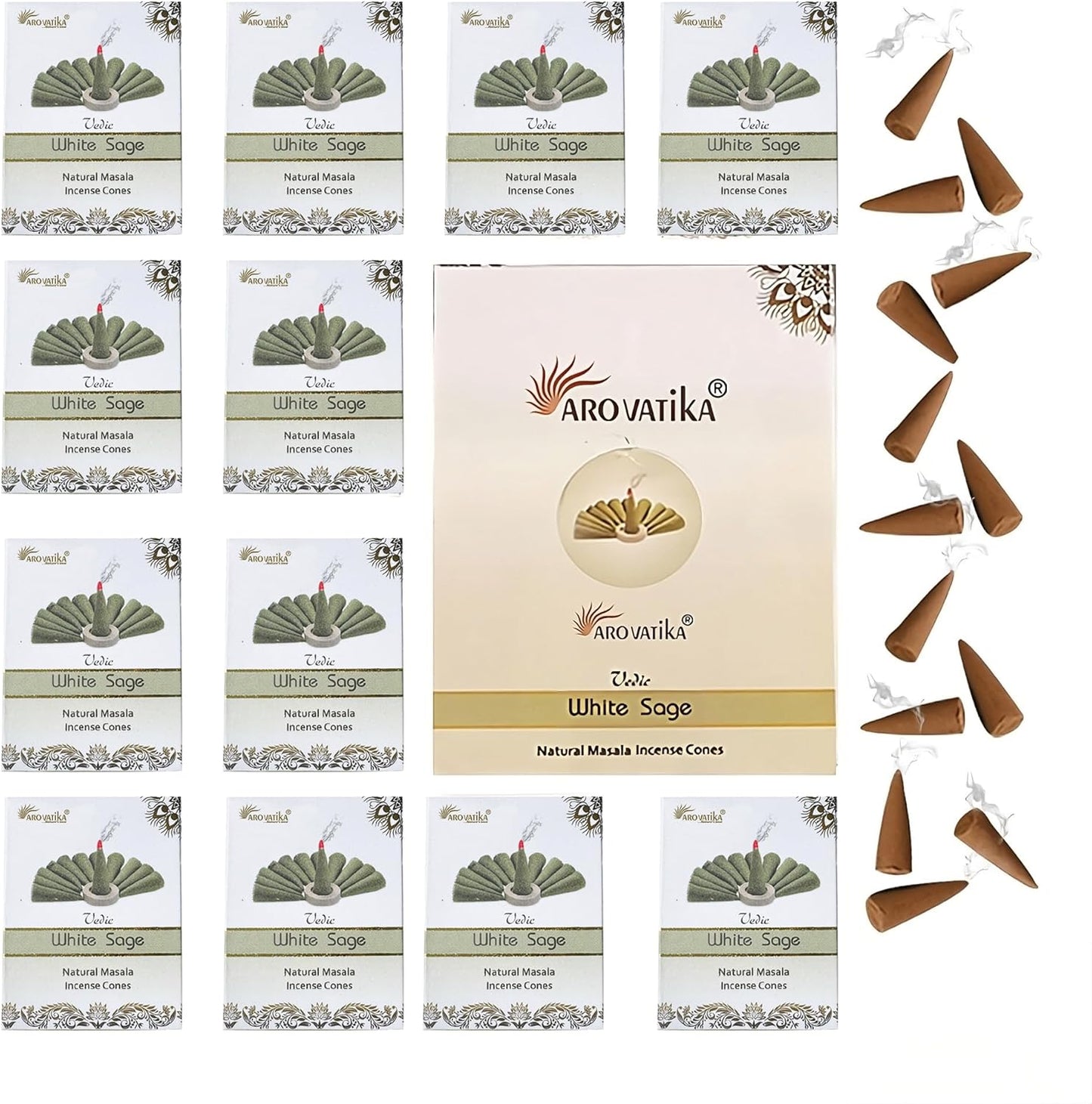 ARO VATIKA Vedic White Sage Natural Masala 120 Incense Cones in Pack of 12 Boxes| Best for Prayer, Reiki, Meditation and Relaxation | Burn Time- 25 mins