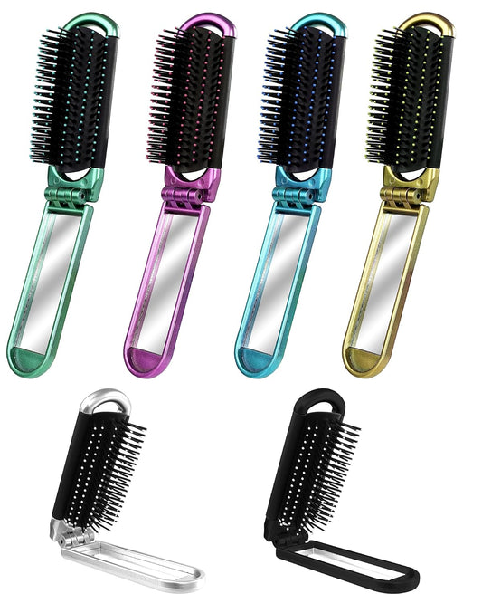 6 PCS Folding Travel Hairbrush Set with Compact Mirror for Women - Mini Pocket Brush with Mirror for Purse and Girls